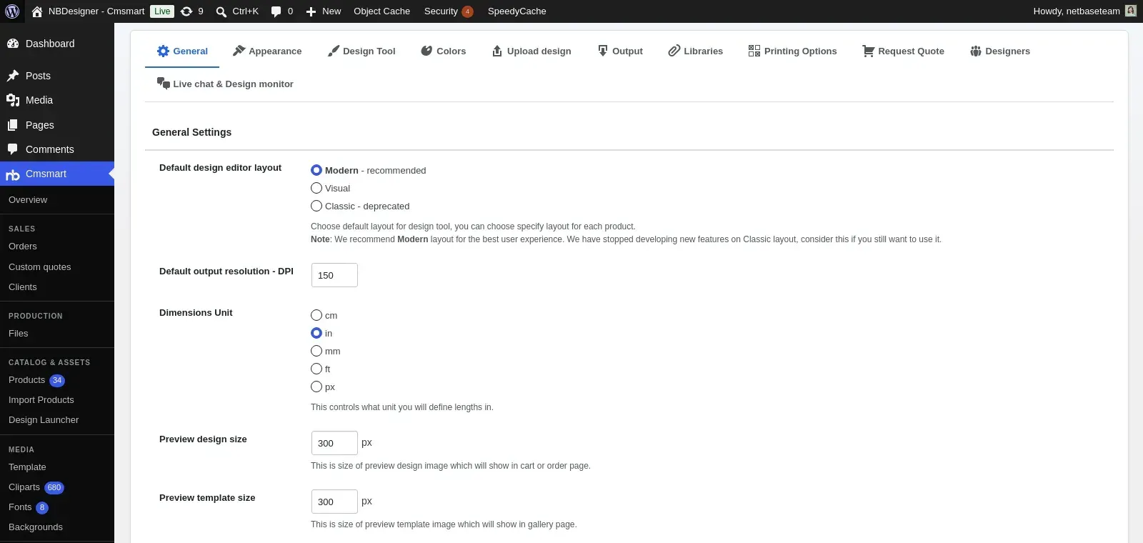 Cmsmart Settings General tab showing Default design editor layout, Default output resolution DPI 150 and Dimensions Unit