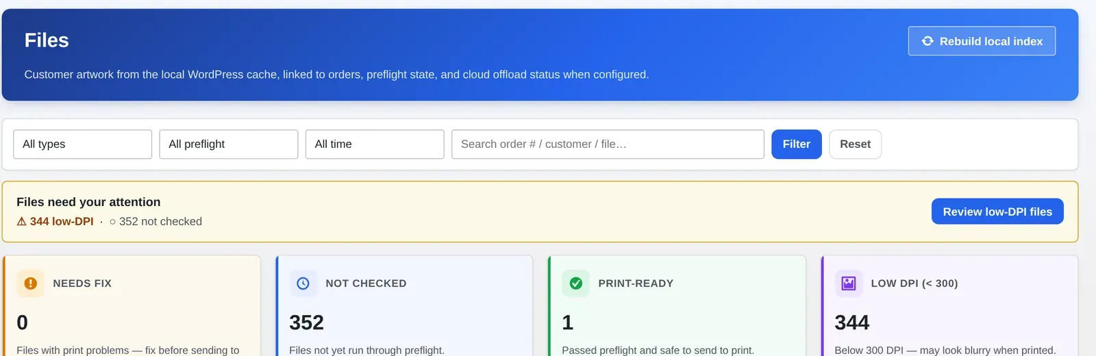 Cmsmart Files screen KPI bar showing 344 files below 300 DPI, 352 not checked and 1 print-ready
