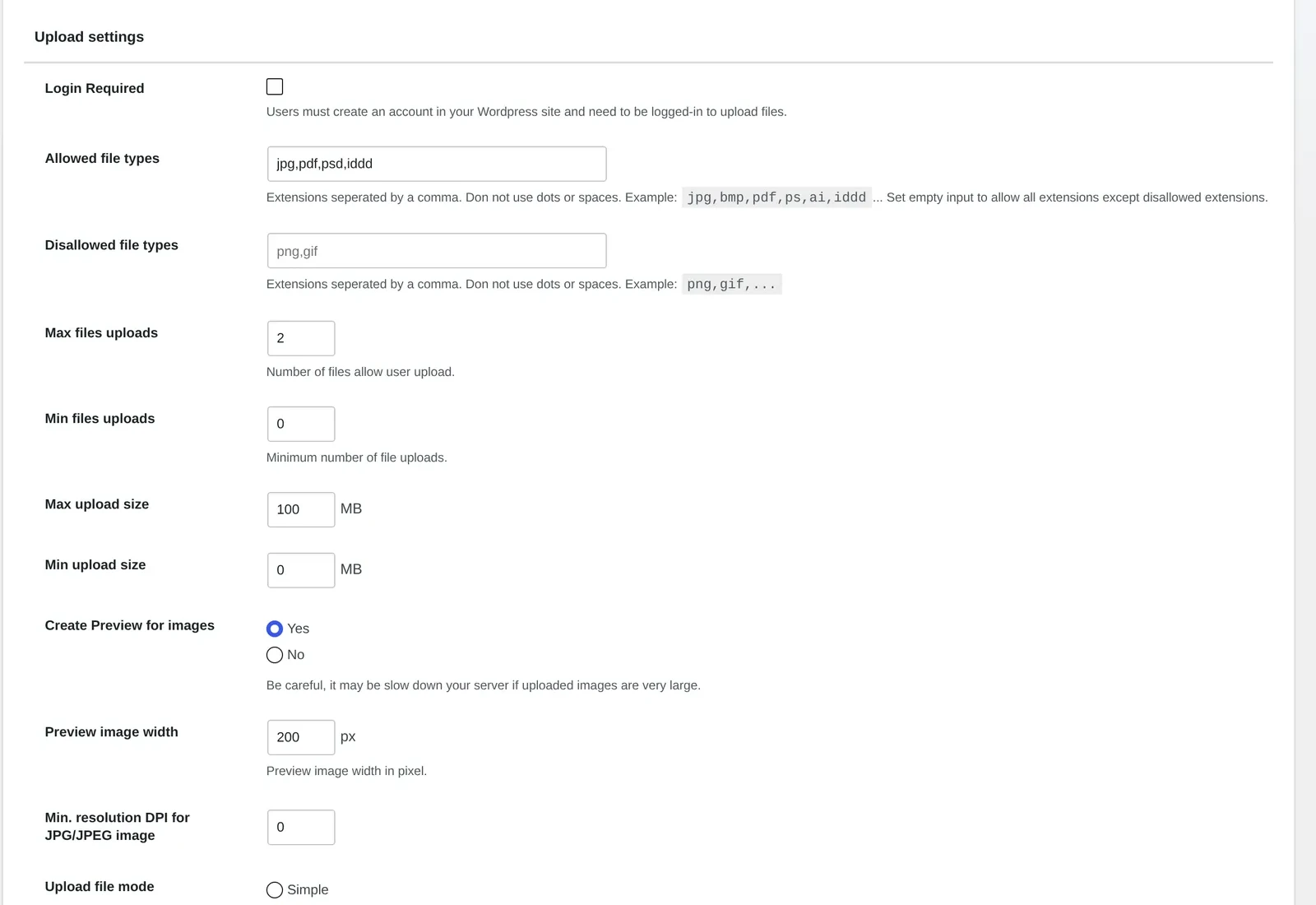 Cmsmart Settings Upload design tab with allowed file types and Min resolution DPI for JPG JPEG image