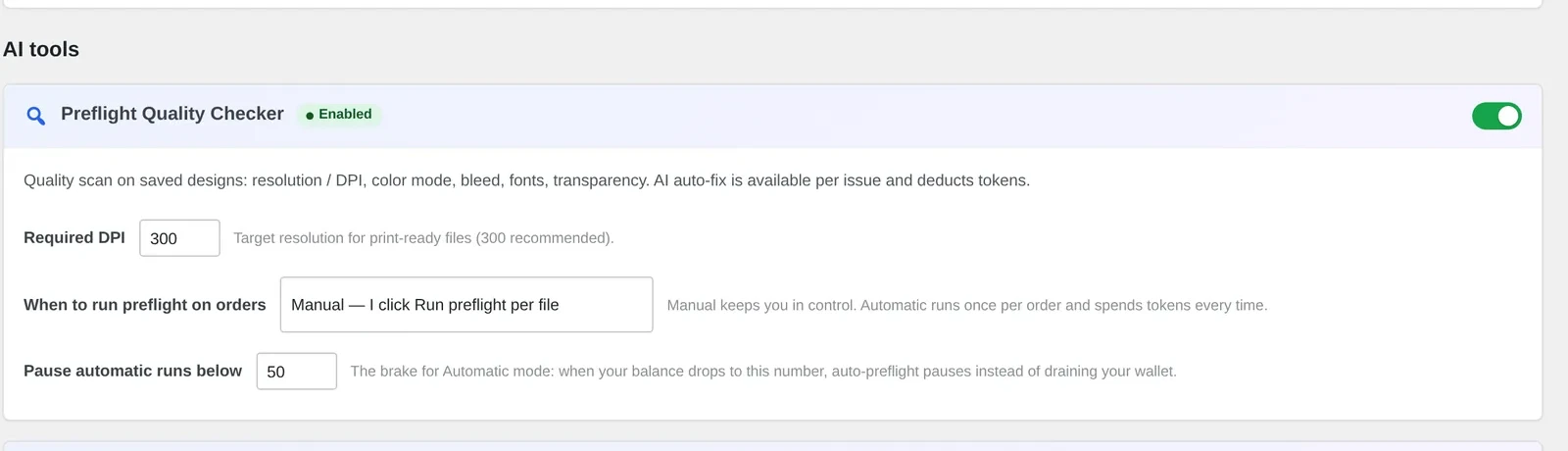 Cmsmart Cloud AI tools Preflight Quality Checker with Required DPI 300 and manual run mode