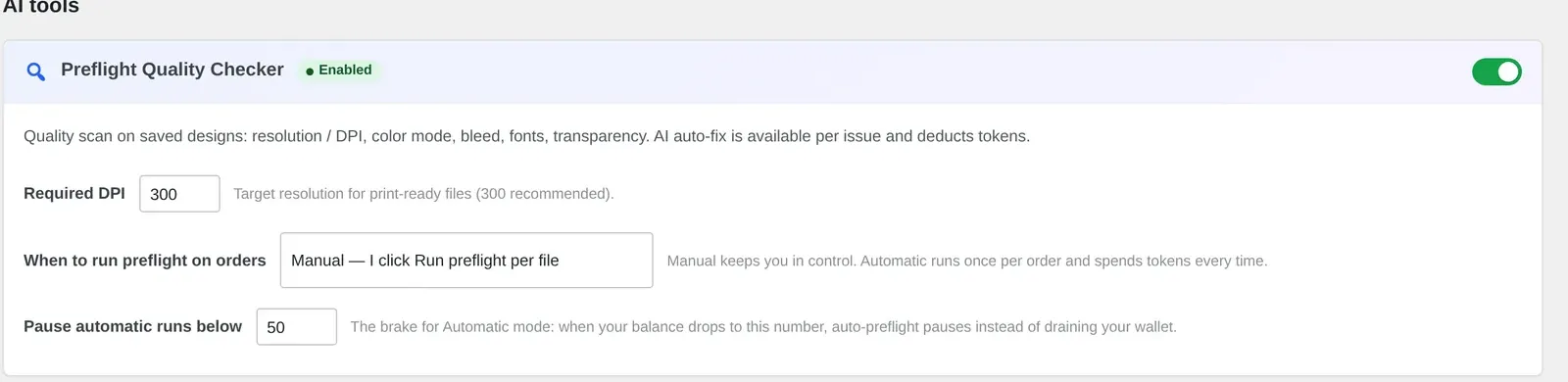 Cmsmart Cloud AI tools Preflight Quality Checker with Required DPI 300 and manual run mode