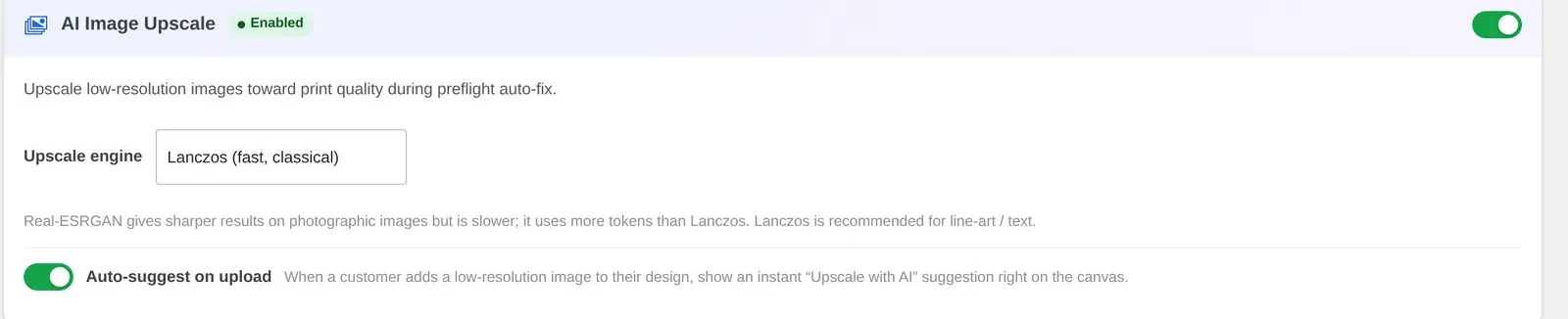 Cmsmart Cloud AI Image Upscale with Auto-suggest on upload toggle that shows an Upscale with AI suggestion for low-resolution images