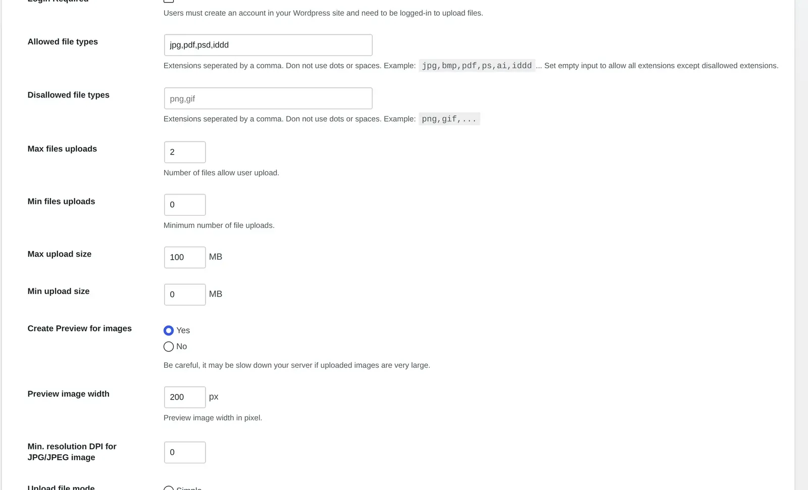 Cmsmart Settings Upload design tab with allowed file types and Min resolution DPI for JPG JPEG image