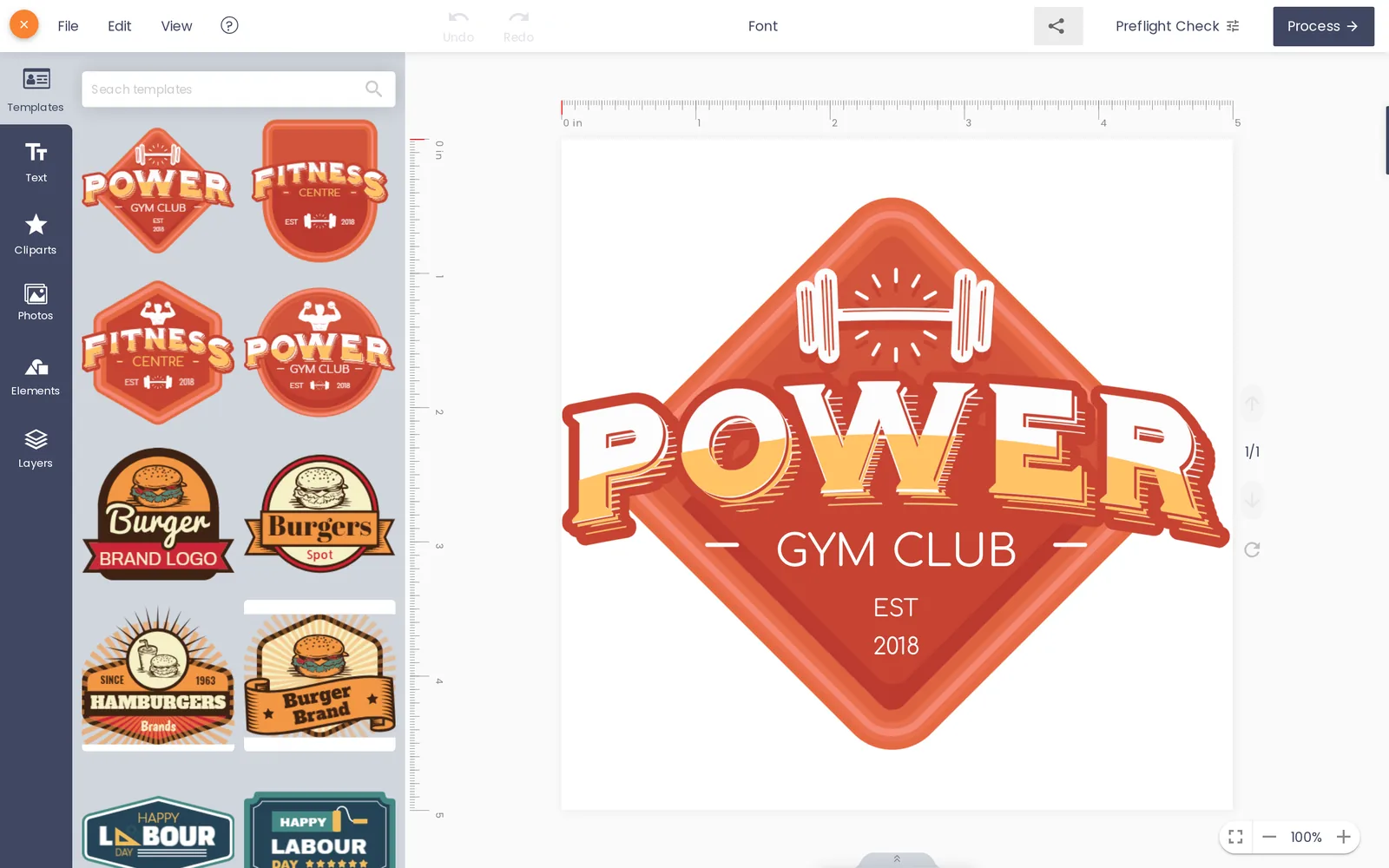 NBDesigner online designer on the label product, open on a diamond gym-badge logo template with the Preflight Check button in the header