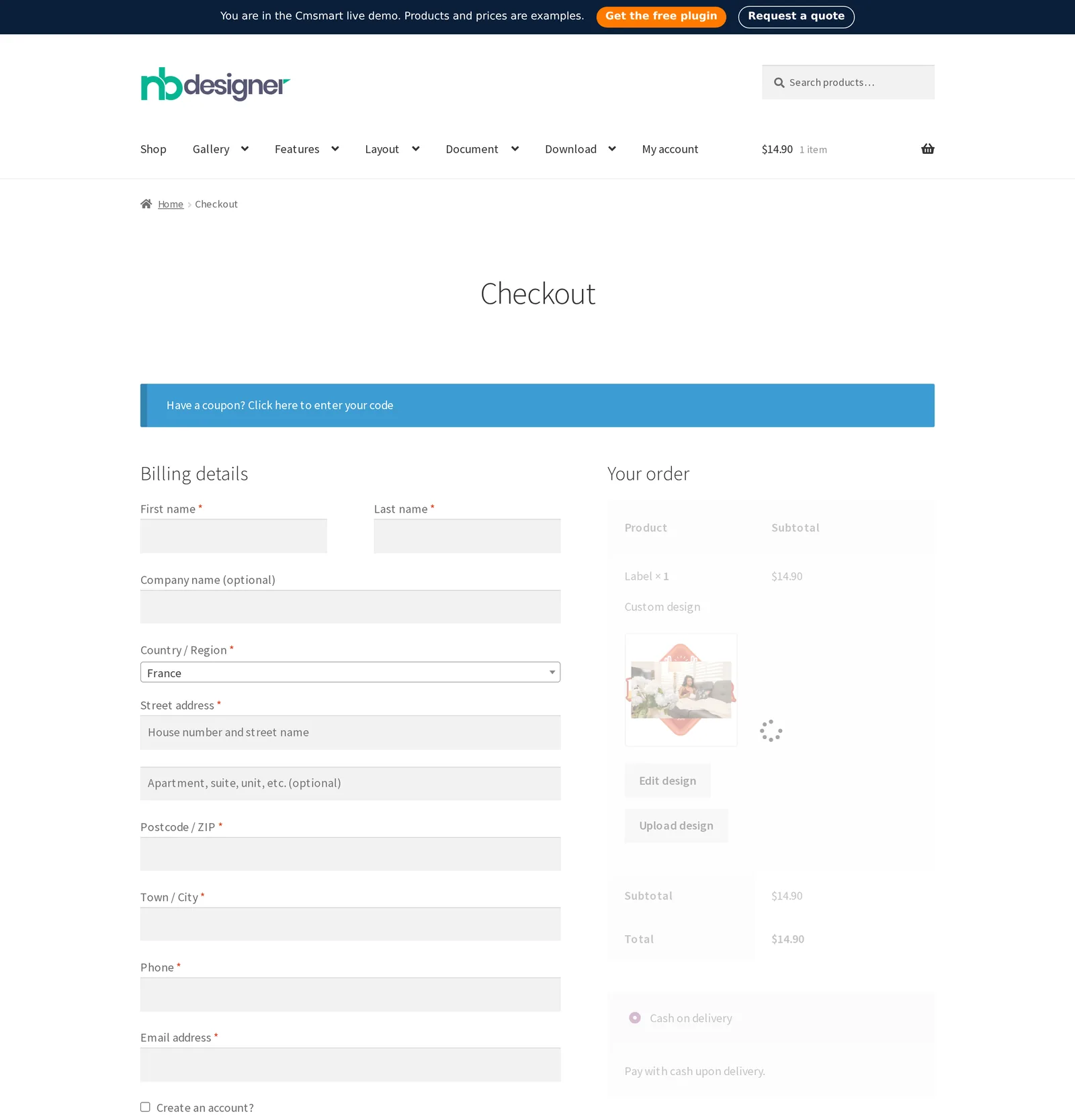 WooCommerce checkout page showing a custom label design thumbnail in the order summary before payment