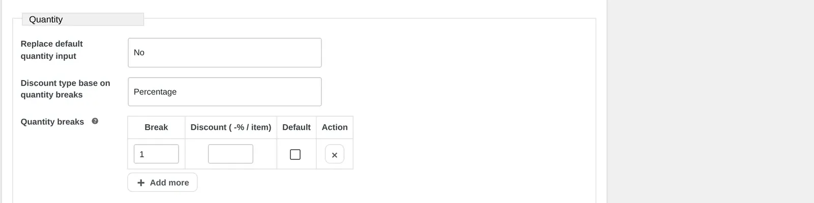 Printing Options quantity-break pricing table for a percentage discount by order quantity