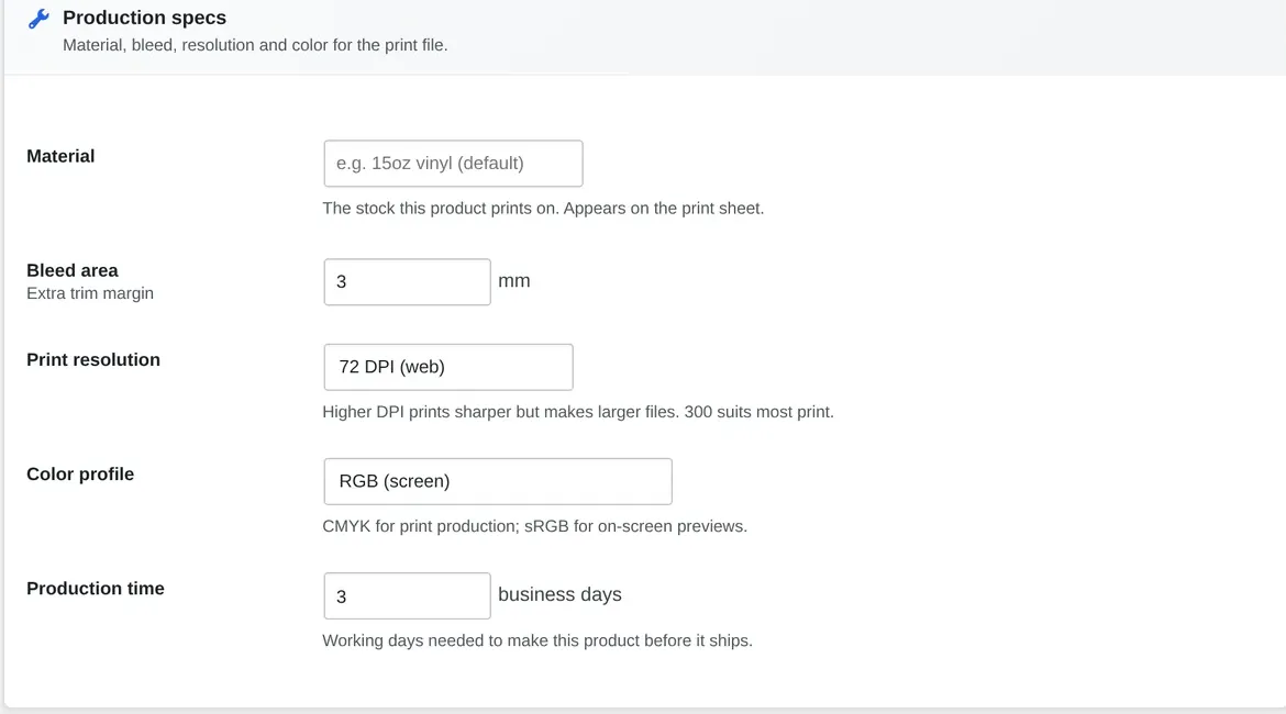 NBDesigner product configuration for a small-format print product showing bleed area, print resolution and color profile fields