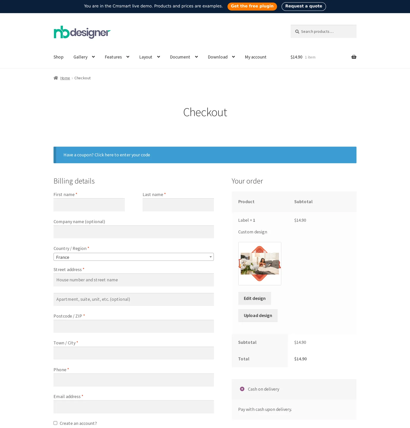 WooCommerce checkout page showing the Label product and its custom design in the order review before payment