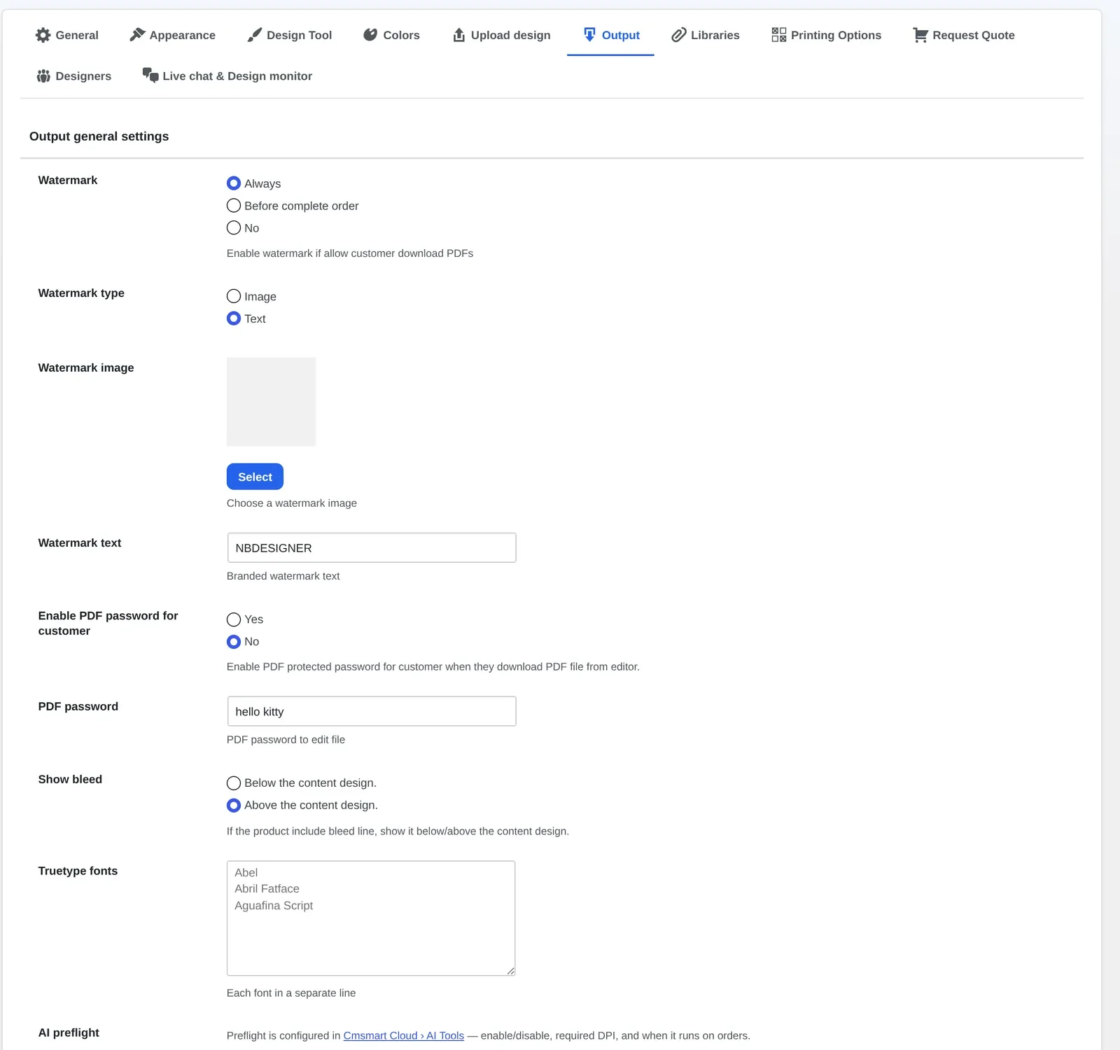 NBDesigner Output settings: watermark, bleed line placement and a link to Cmsmart Cloud AI preflight tools