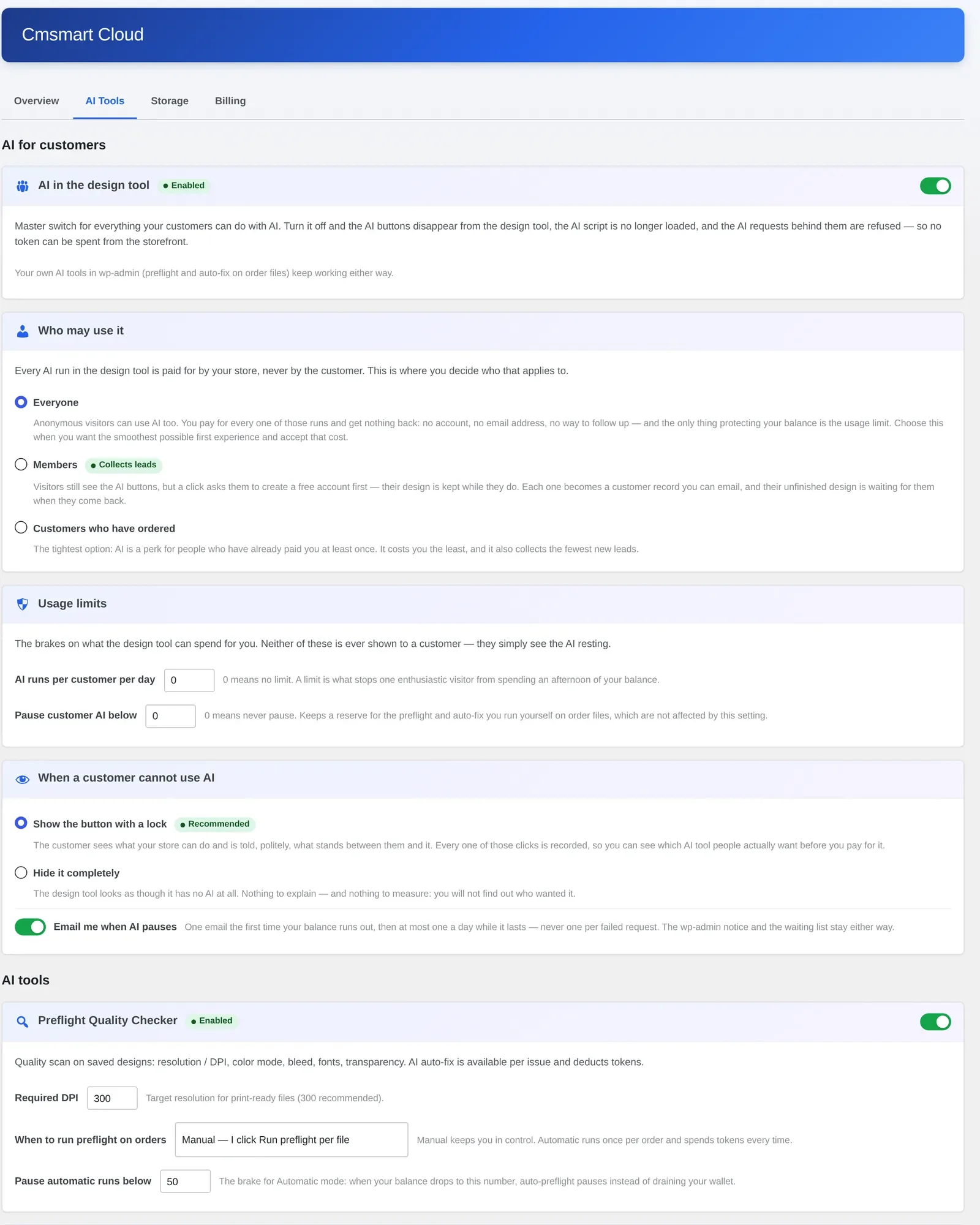 Cmsmart Cloud AI Tools screen with Preflight Quality Checker enabled, required DPI set to 300, and the manual or automatic run mode for orders