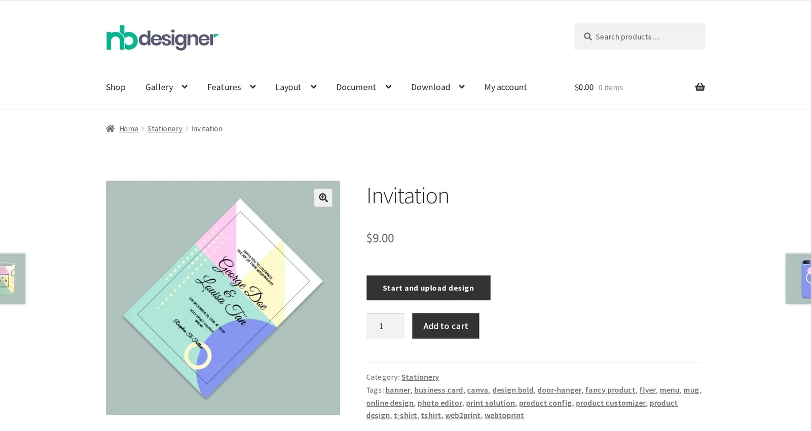NBDesigner product page for an Invitation with the Start and upload design button, where a web-to-print order begins