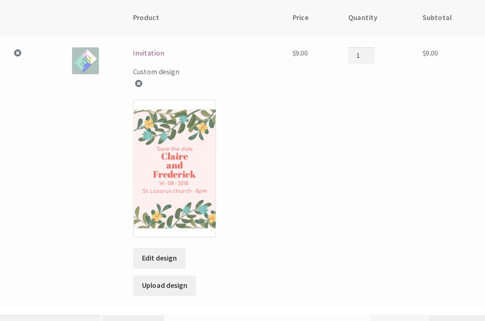 WooCommerce cart line carrying the customer's finished invitation design with Edit design and Upload design links