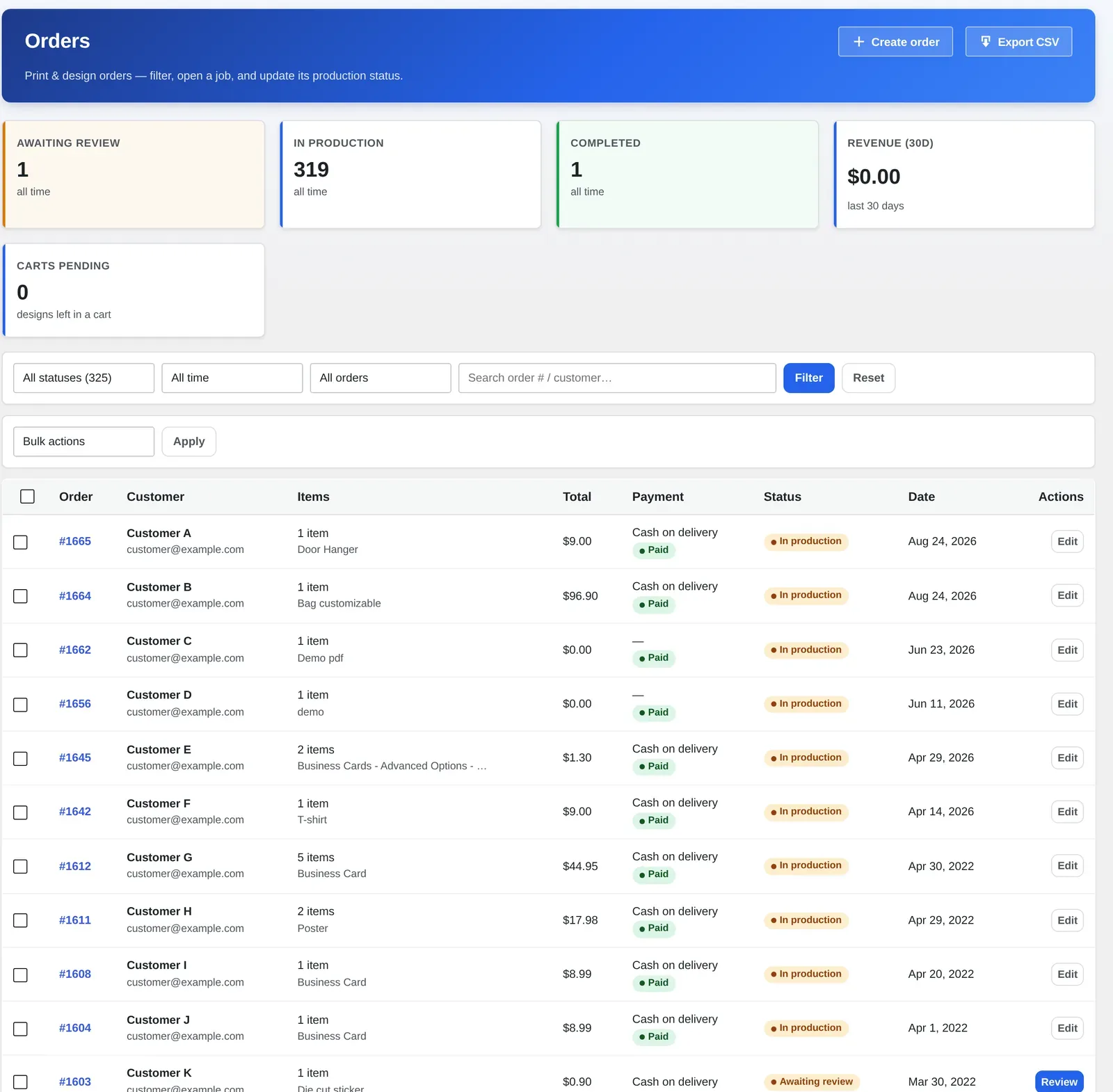 Cmsmart Orders list showing print and design orders with their production status