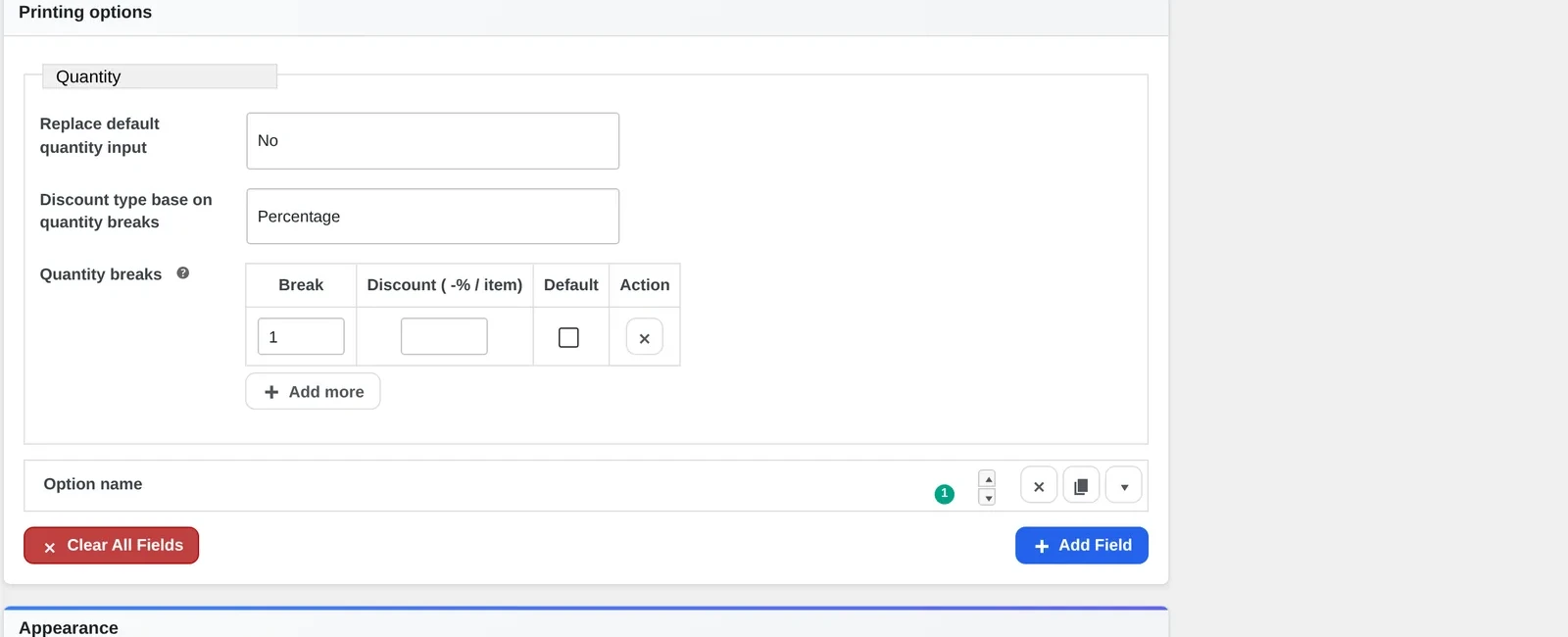 Printing option editor showing quantity break pricing fields for a price matrix