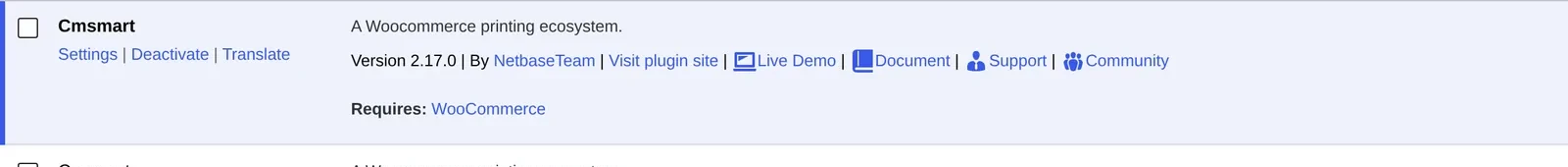 Cmsmart Product Designer (NBDesigner) plugin active on the Plugins screen showing version 2.17.0