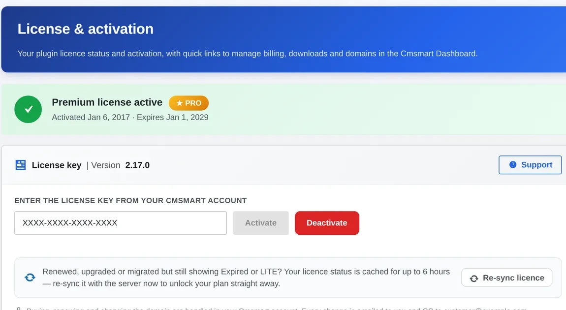 Cmsmart License and activation screen with the license key field, Activate button and Re-sync licence option