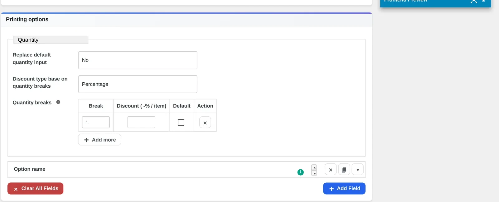 Printing option editor with quantity breaks and percentage discount fields for a photo product