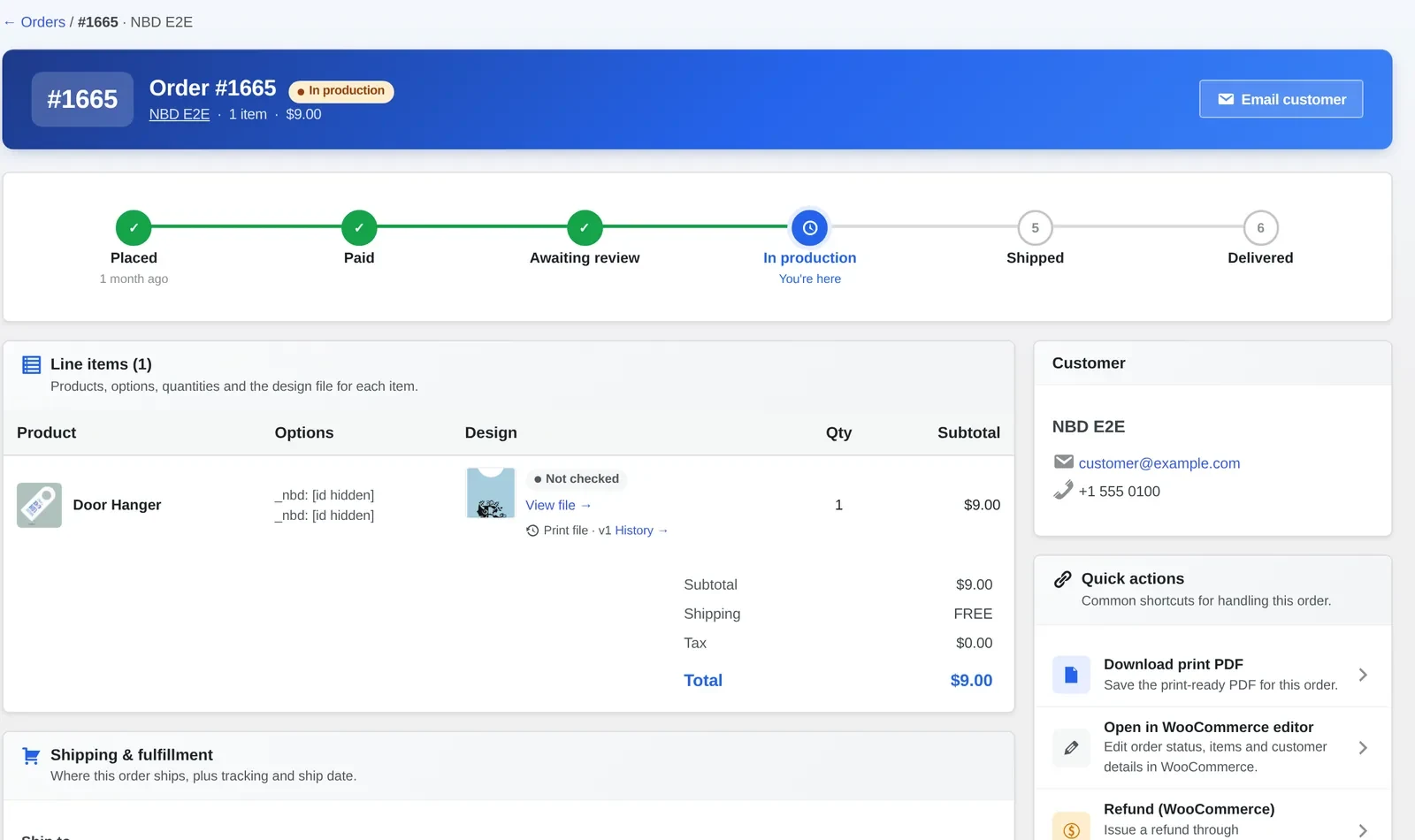 Admin order detail screen with a production timeline and the order's attached design file