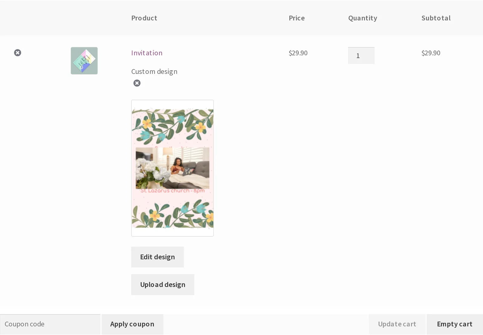 Ecommerce website design example: a cart page that keeps a shopper's personalised product selection and price together