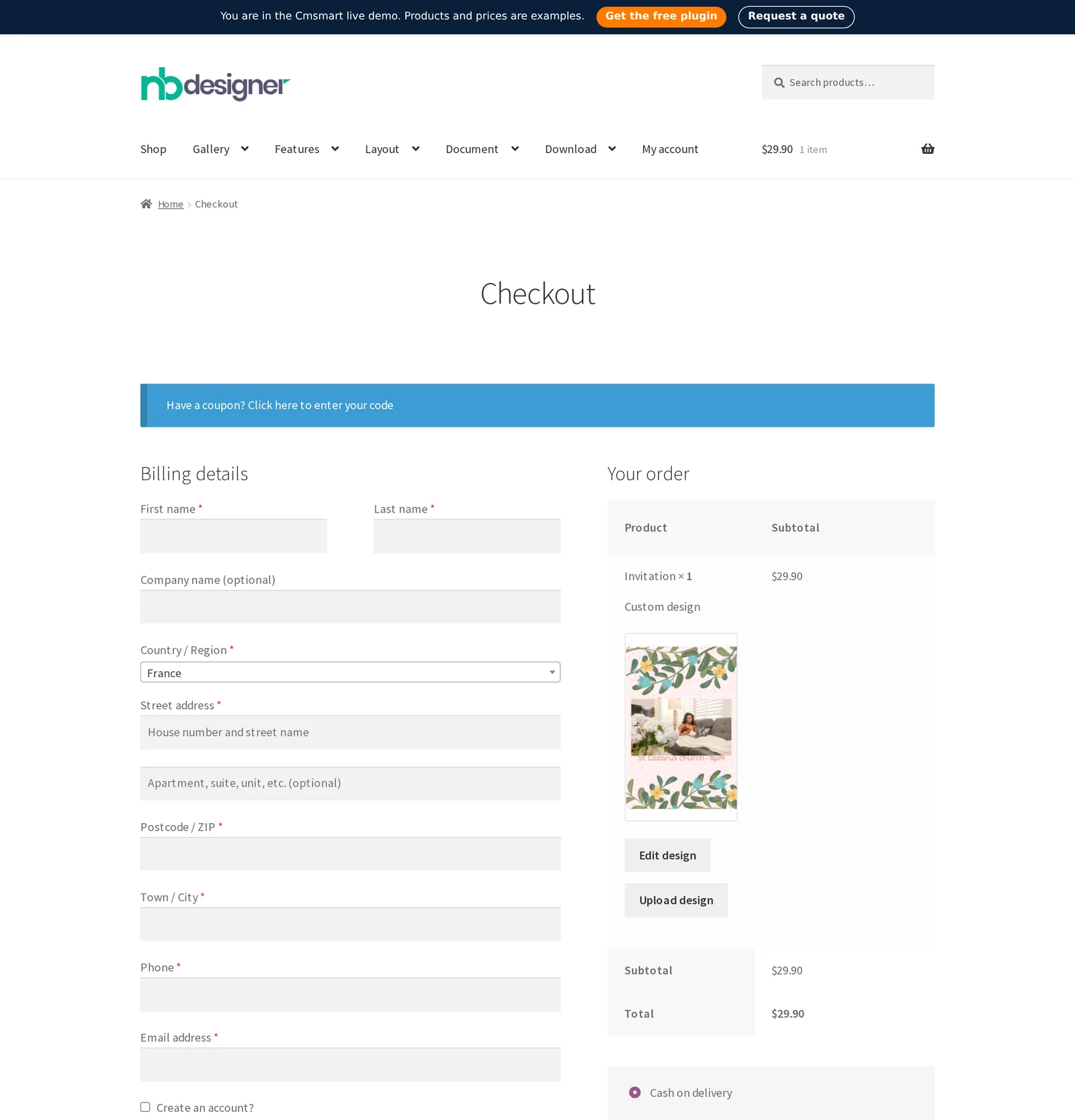 WooCommerce checkout page example with billing details and an order summary carrying a custom design through to payment