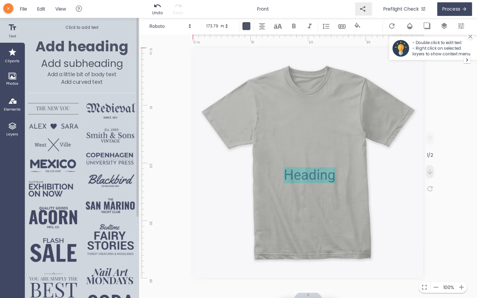 Font family picker and text toolbar open on a custom text t-shirt design in the Cmsmart online designer
