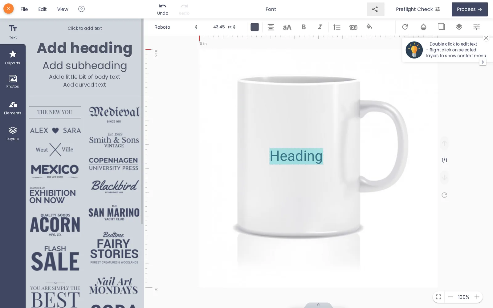 Custom text toolbar with font, size and color controls on a personalized mug design