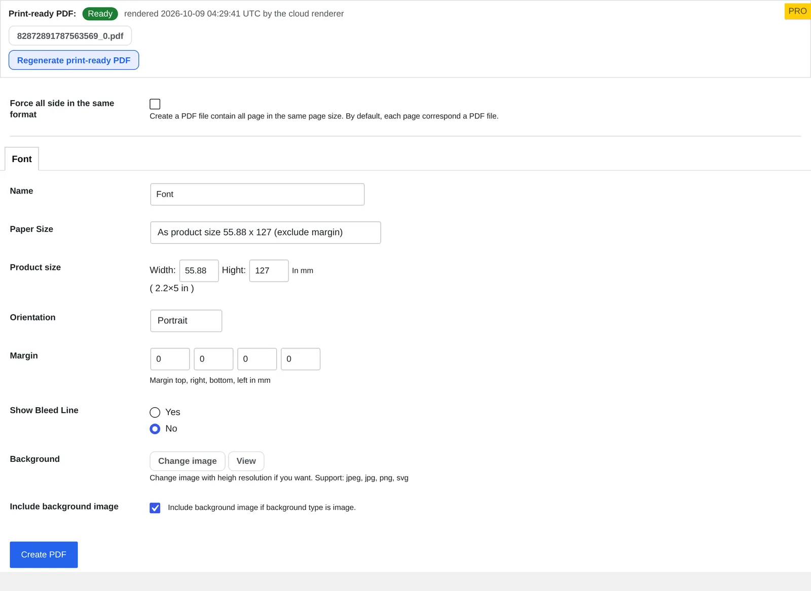 Cmsmart admin Create PDF screen showing a Ready print-ready PDF status and a Font configuration tab