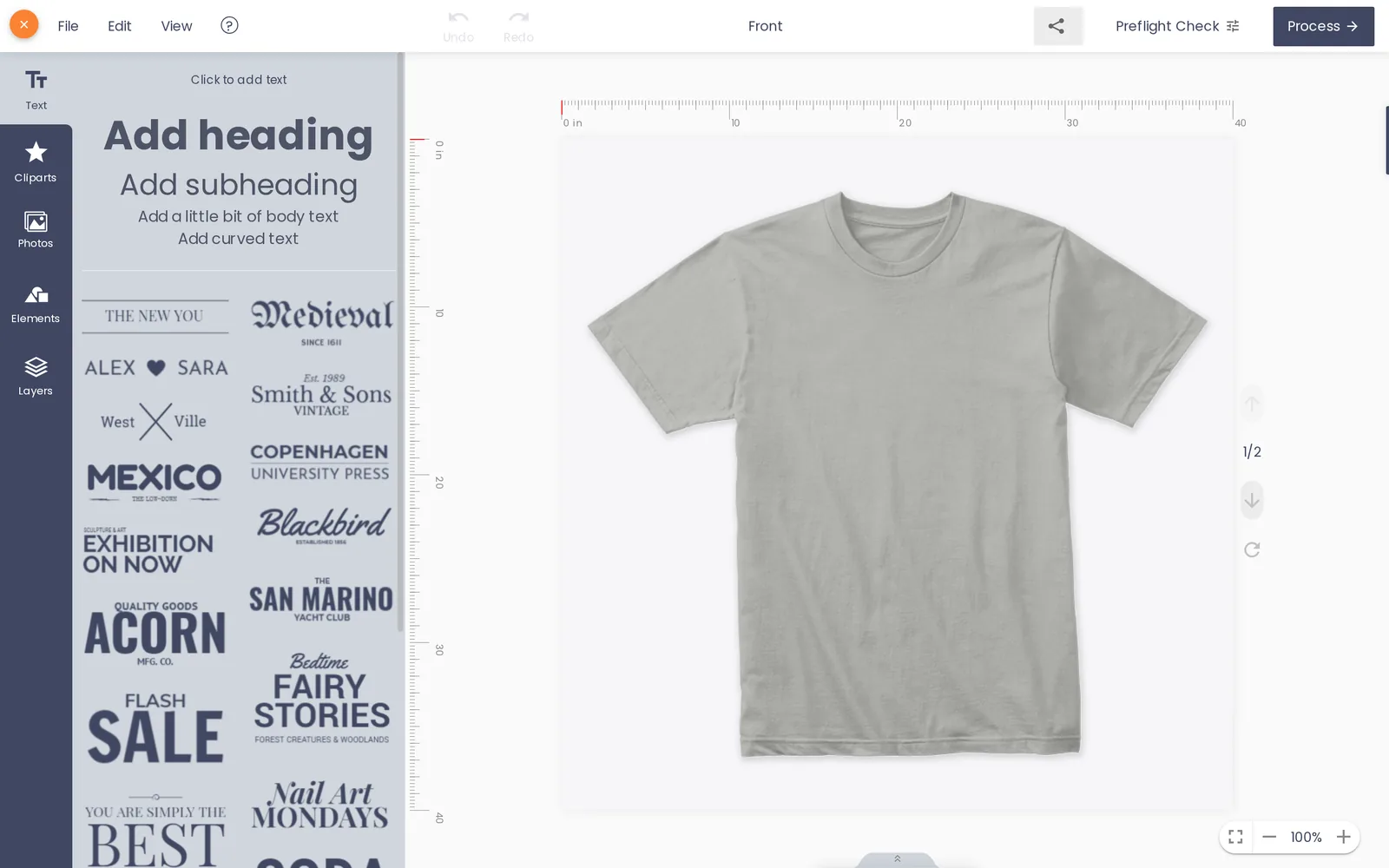 Cmsmart online product designer canvas open on a t-shirt with text and template panels