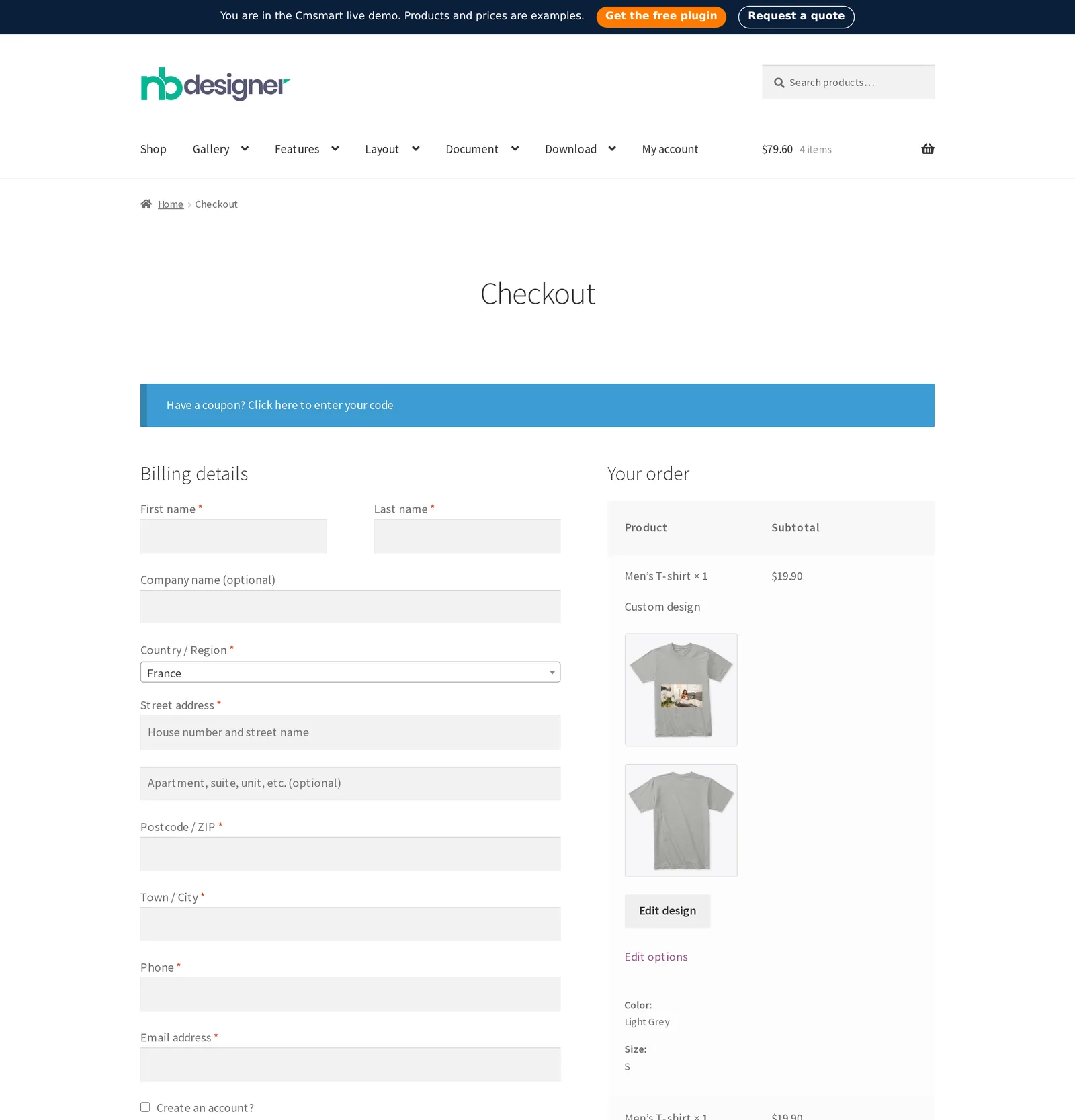WooCommerce checkout page showing the personalized t-shirt design in the order review