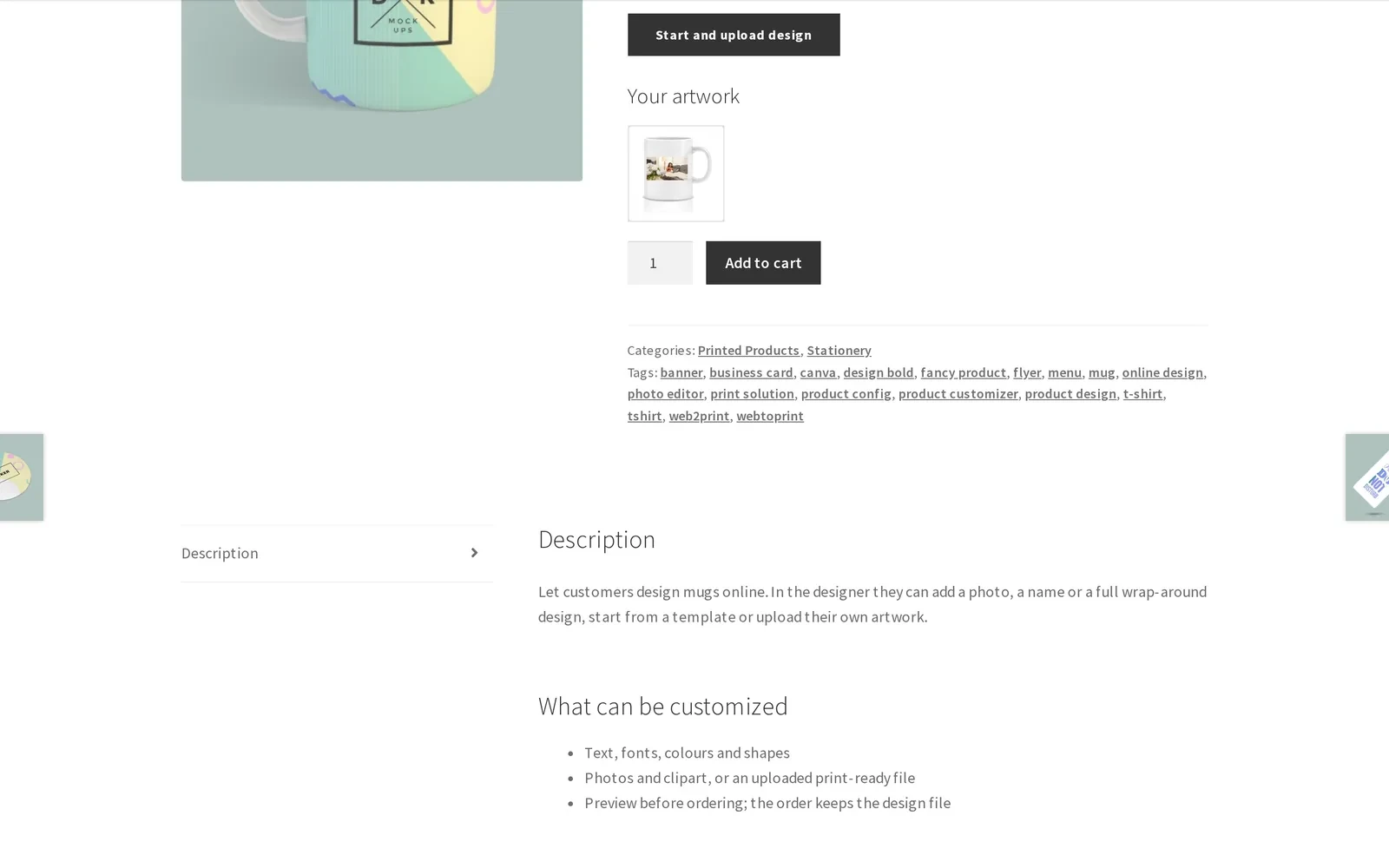 Mug product page showing the saved custom design labeled Your artwork next to the Add to cart button