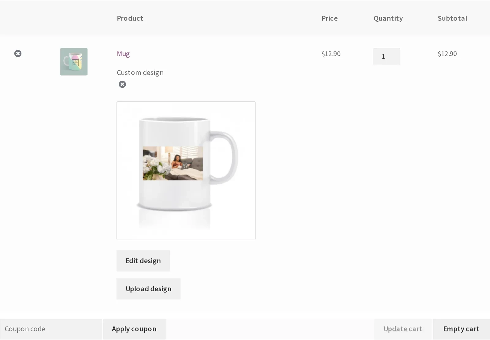 WooCommerce cart showing the custom mug with the buyer's own photo wrapped on the mockup