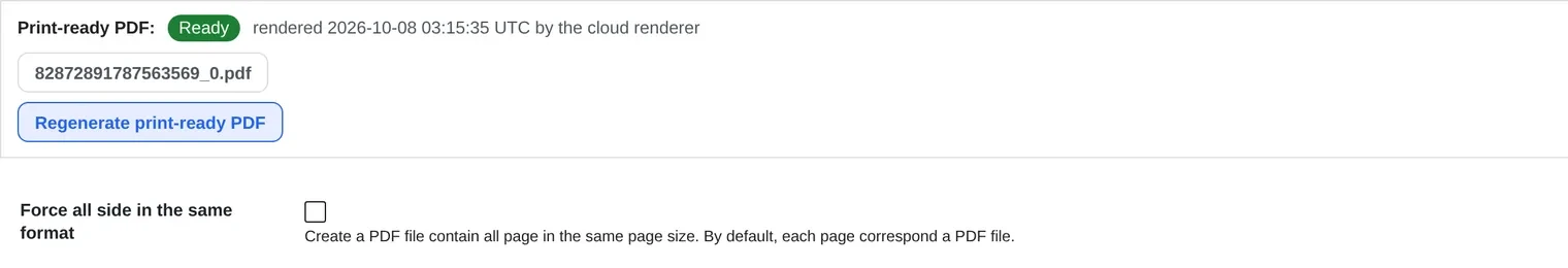 Print-ready PDF status panel showing Ready, the render timestamp and a Regenerate print-ready PDF button