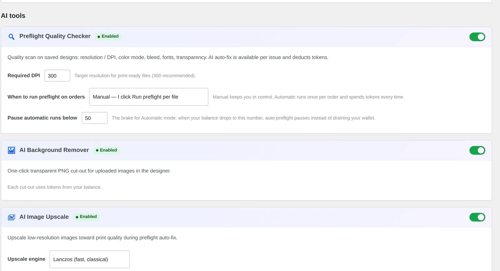 Cmsmart Cloud AI Tools tab showing the Preflight Quality Checker, AI Background Remover and AI Image Upscale controls