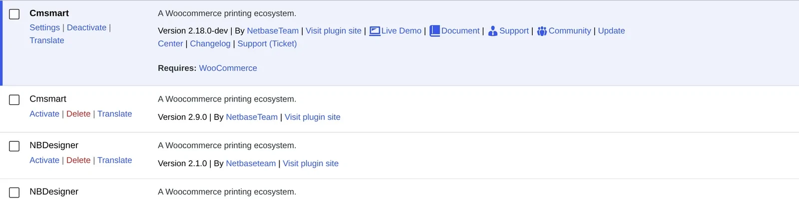 WordPress Plugins screen showing the NBDesigner plugin (Cmsmart Product Designer) active at version 2.18.0-dev