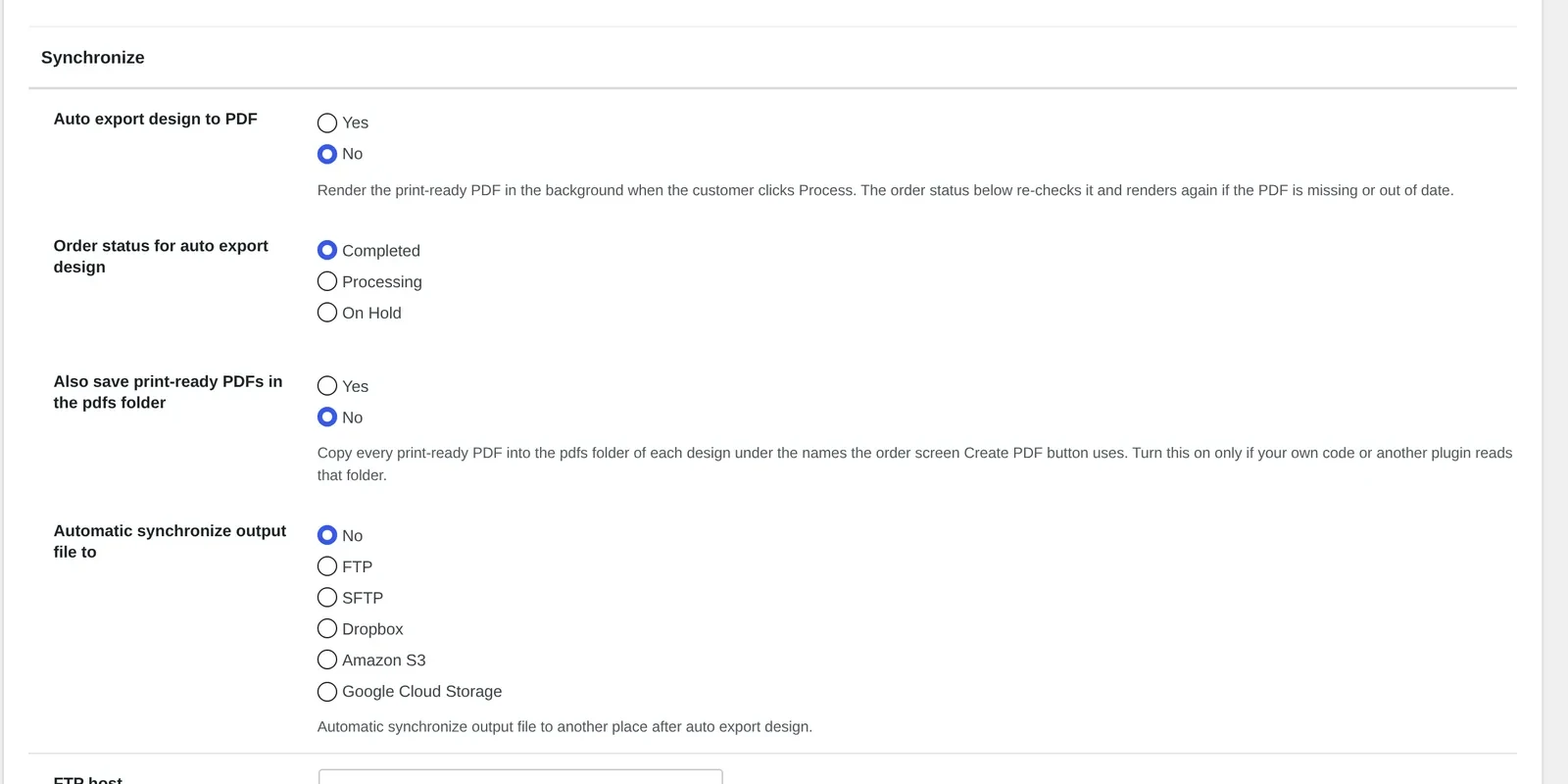 NBDesigner Output settings showing automatic synchronize output file to FTP, SFTP, Dropbox, Amazon S3 or Google Cloud Storage