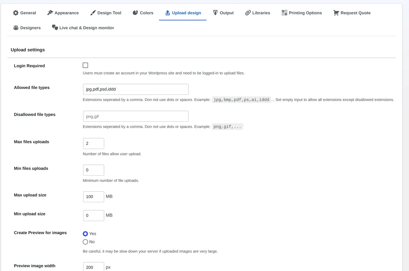 NBDesigner Upload design settings: allowed file types, max upload size and minimum DPI for JPG uploads