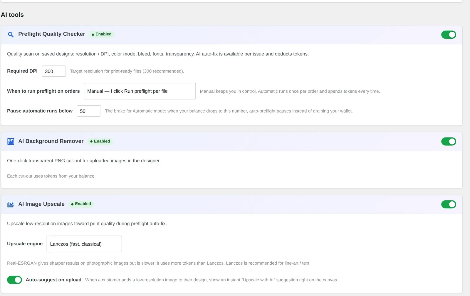 Cmsmart Cloud AI Tools settings: Preflight Quality Checker, AI Background Remover and AI Image Upscale