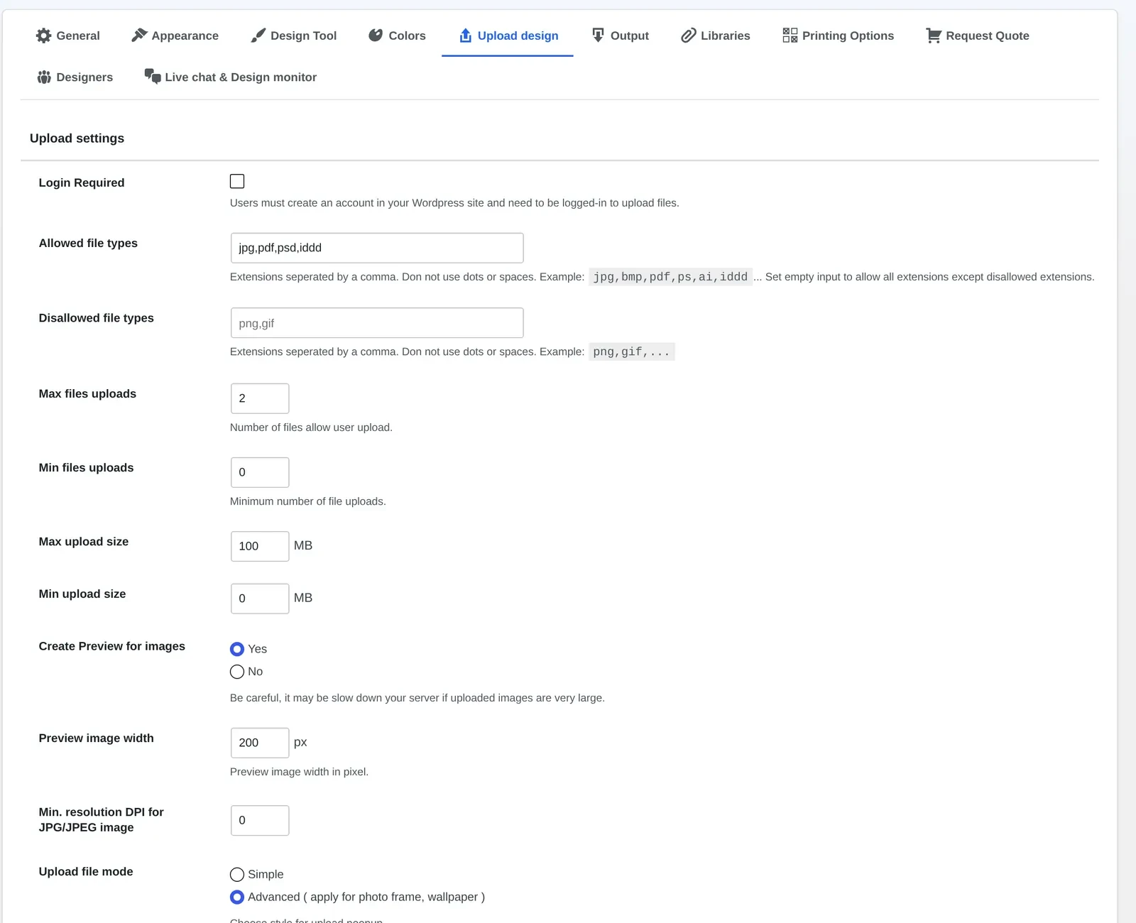 NBDesigner Upload design settings: allowed file types, max upload size and minimum DPI for uploaded photos