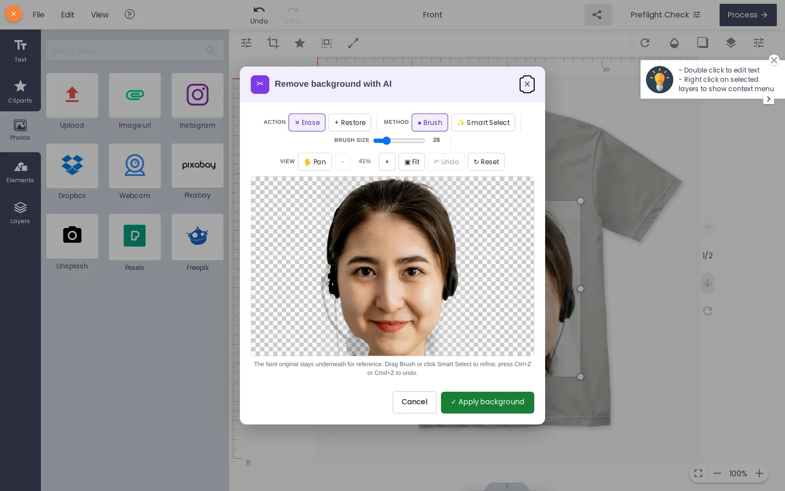 Brush and Smart Select tools refining an AI background removal cutout before it is applied