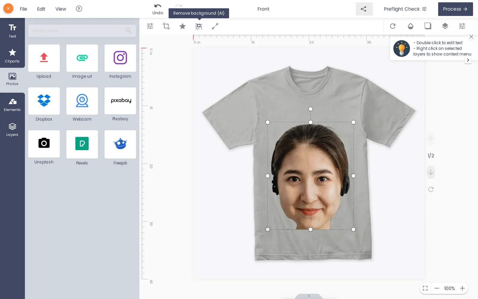Background removed and applied directly on the product canvas before Process, ready for the print-ready PDF