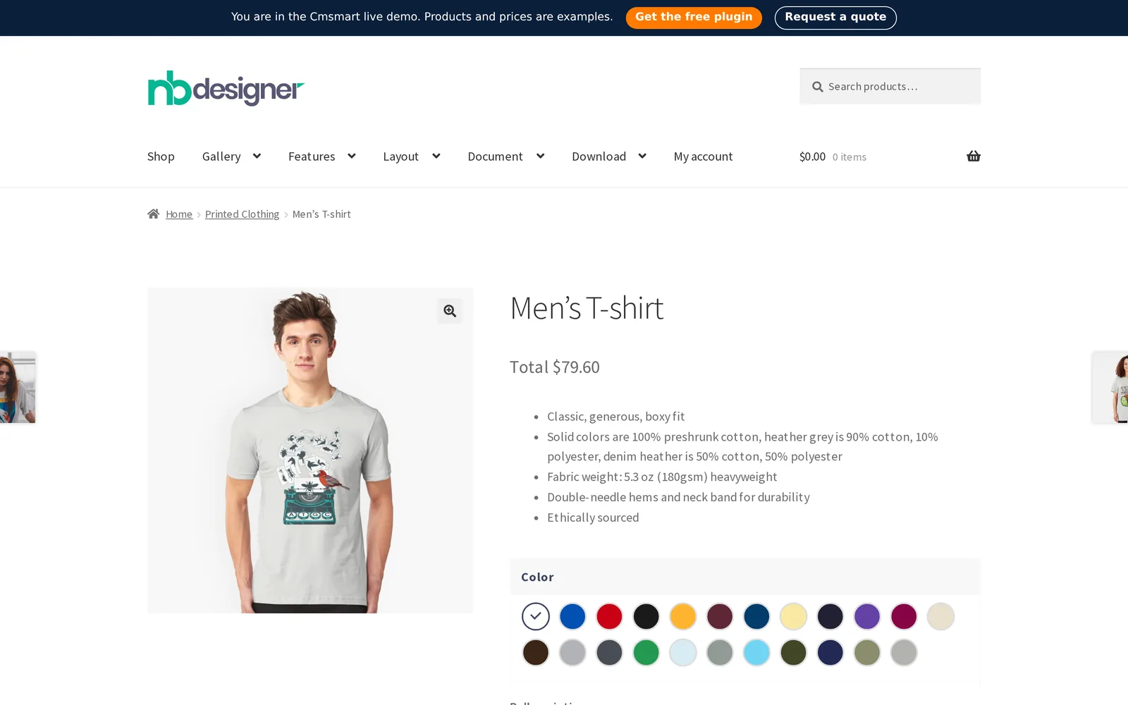 WooCommerce product page for a men's t-shirt with a Start Design entry point for the Cmsmart Product Designer