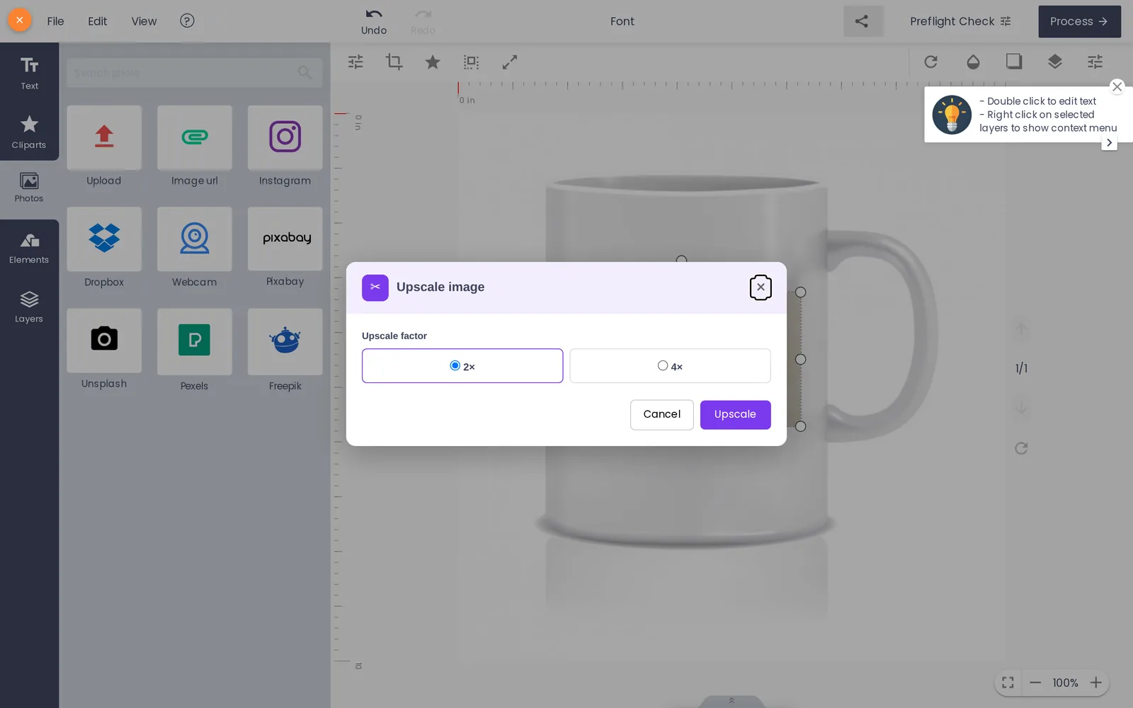 AI image upscale dialog in the Cmsmart Product Designer showing 2x and 4x upscale factor options