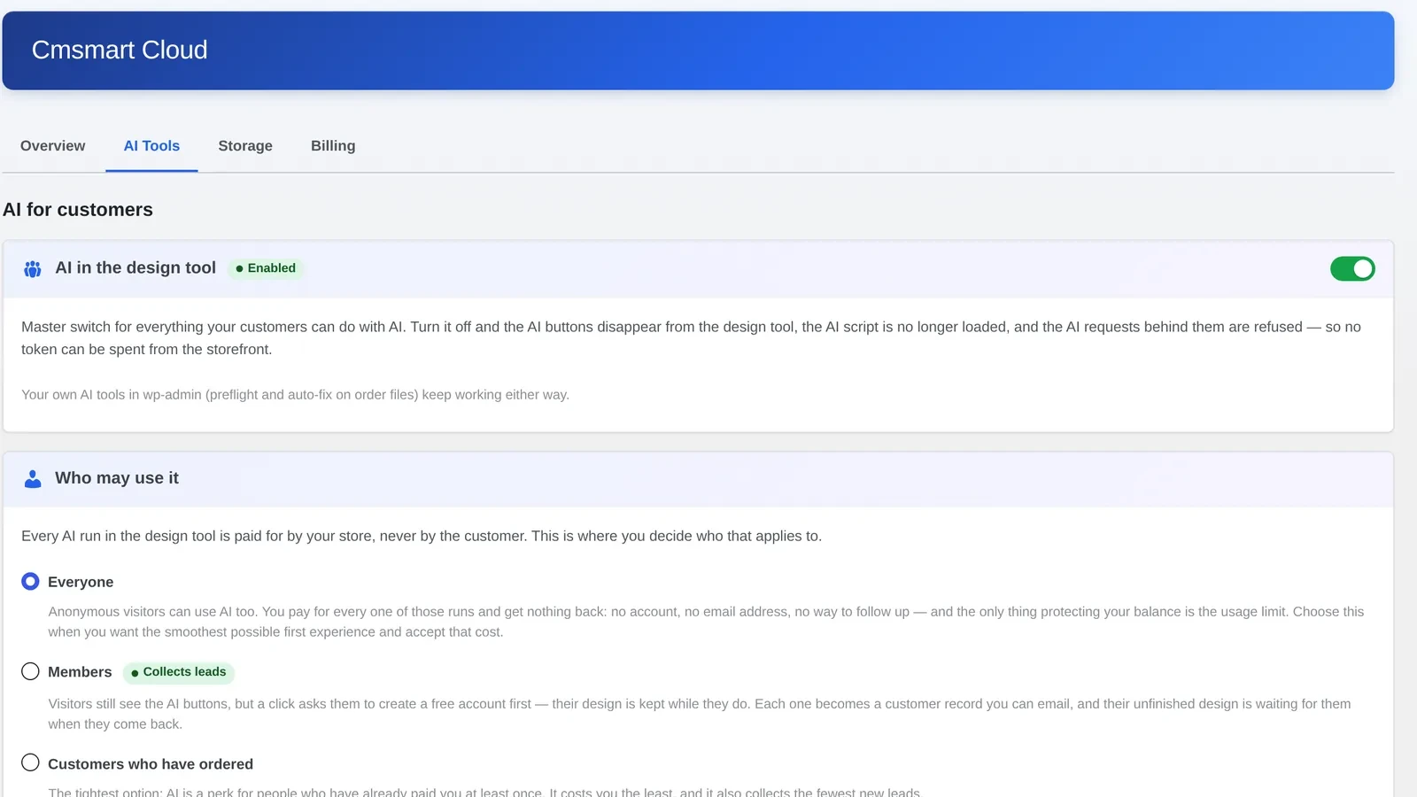Cmsmart Cloud AI Tools settings showing the master AI switch and Who may use it options: Everyone, Members, Customers who have ordered