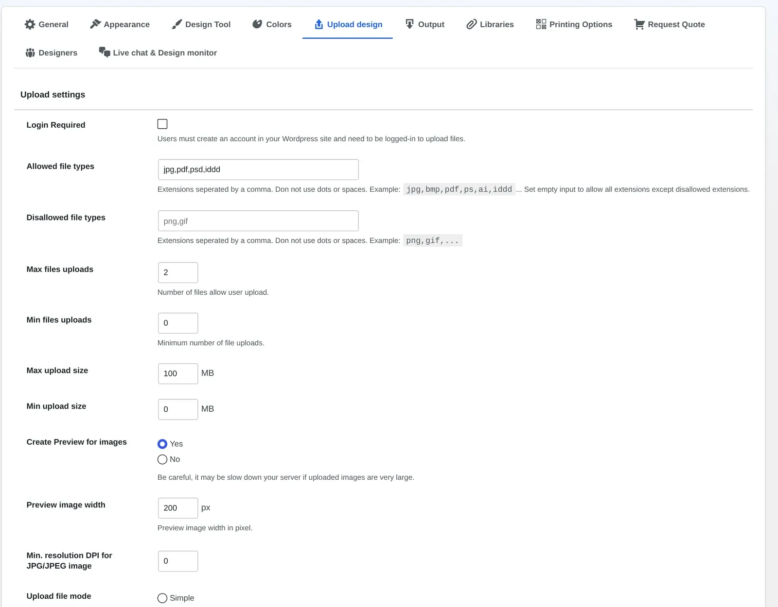Upload design settings for a DTF gang sheet builder software project: allowed file types and minimum resolution DPI