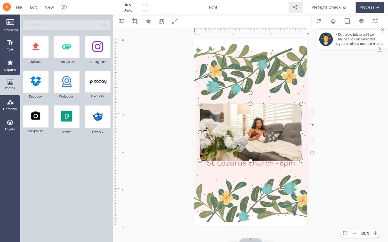 Customer photo upload product designer Photos tab showing Upload, Image URL, Instagram, Dropbox, Webcam, Pixabay, Unsplash, Pexels and Freepik sources side by side