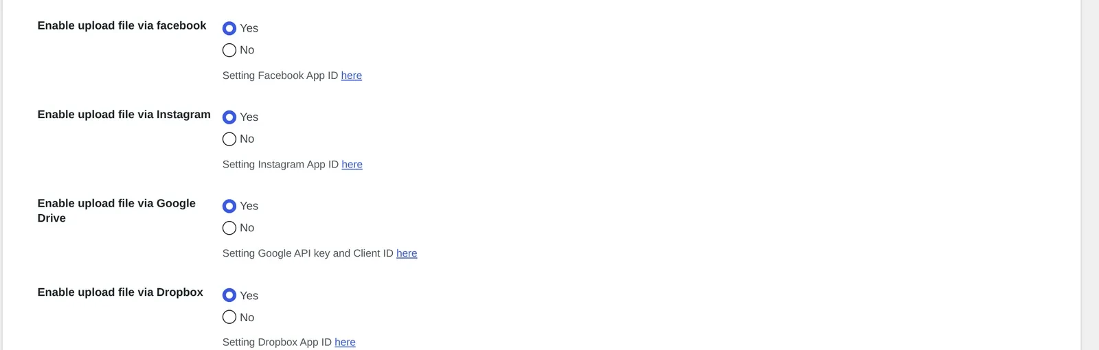 Cmsmart Product Designer Settings Upload design screen with Facebook Instagram Google Drive and Dropbox API key fields