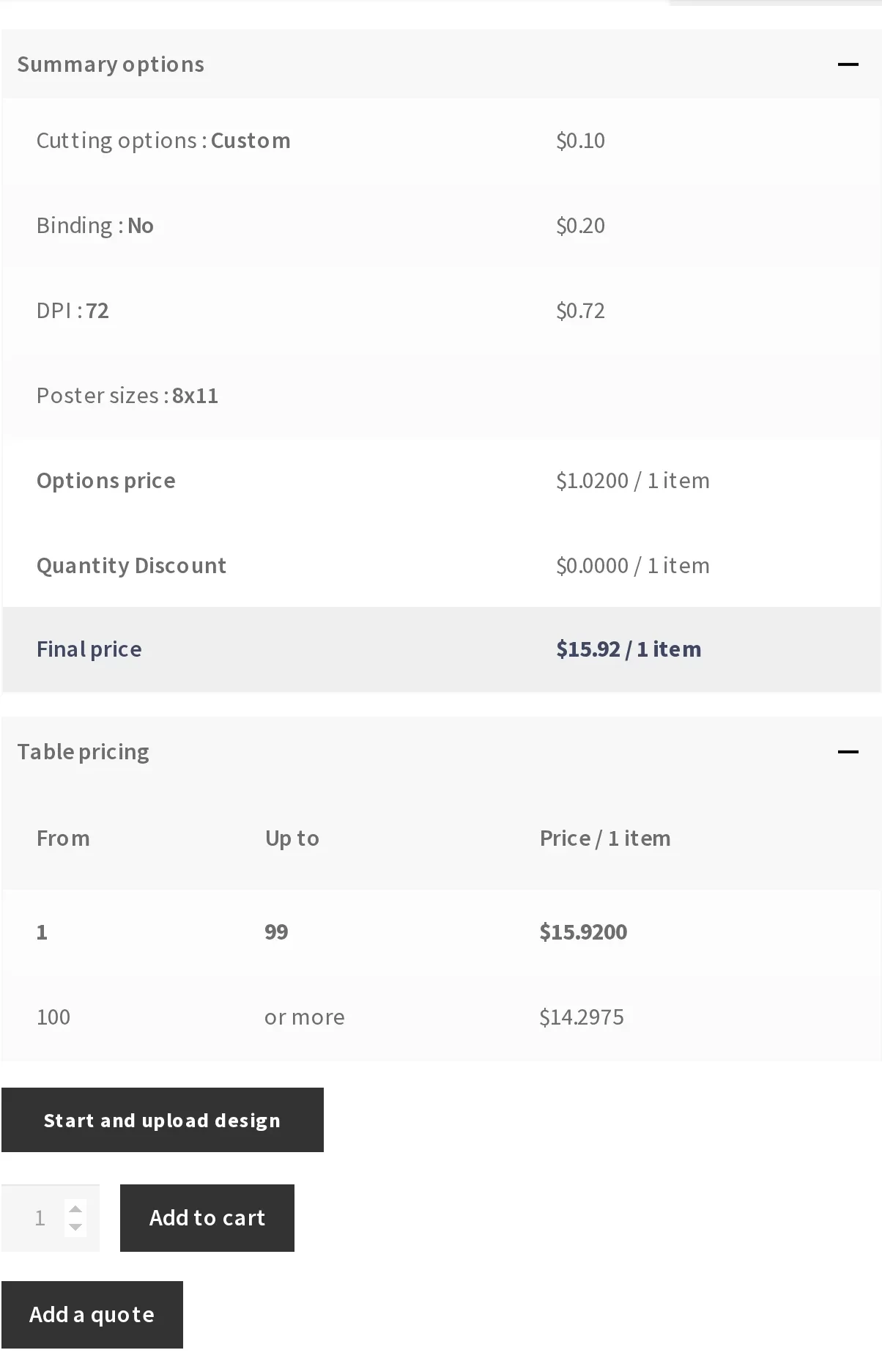 Price breakdown on a WooCommerce product page showing cutting option, DPI and size feeding into a final price and quantity price table