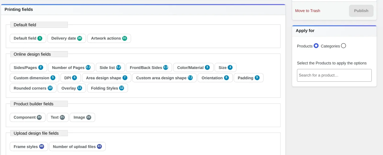Printing option editor showing the Product builder fields group: Component, Text and Image field types