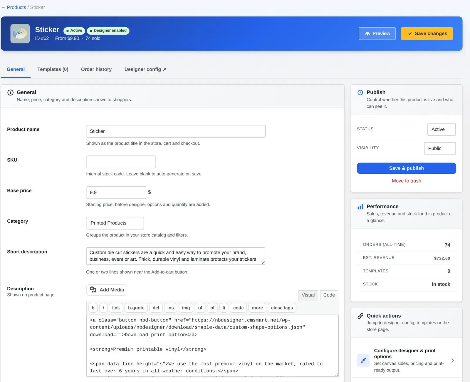 Product configuration screen with production specs and the Configure designer and print options quick action