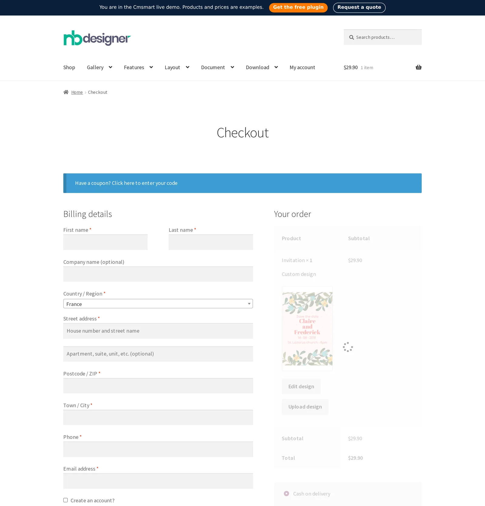 WooCommerce checkout page carrying the shopper's custom design thumbnail with Edit design and Upload design links